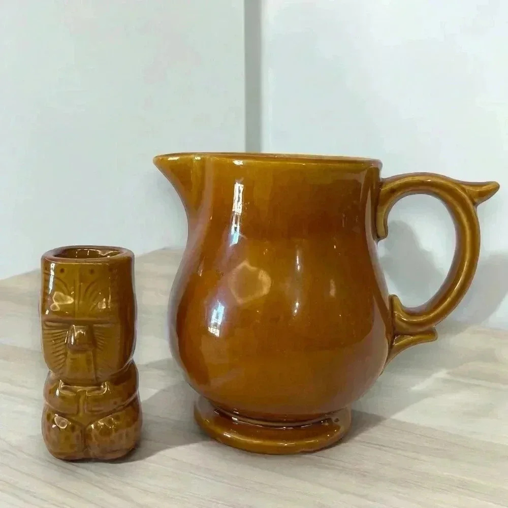Tropical Ceramic Tiki Shotglass and Small Pitcher Set